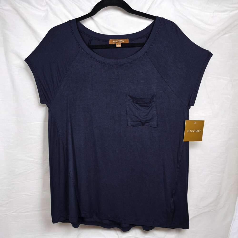 Ellen Tracy T-Shirt Women Medium Midnight Blue Short Sleeve Raglan Pocket NWT